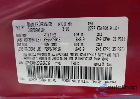 2006 Dodge Dakota Slt z USA, uszkodzony, nr VIN 1D7HE48N26S636837